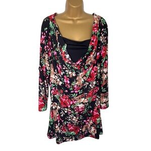 Must Have Cowl Neck Tunic Dress Long Sleeve Stretch Black Floral XL